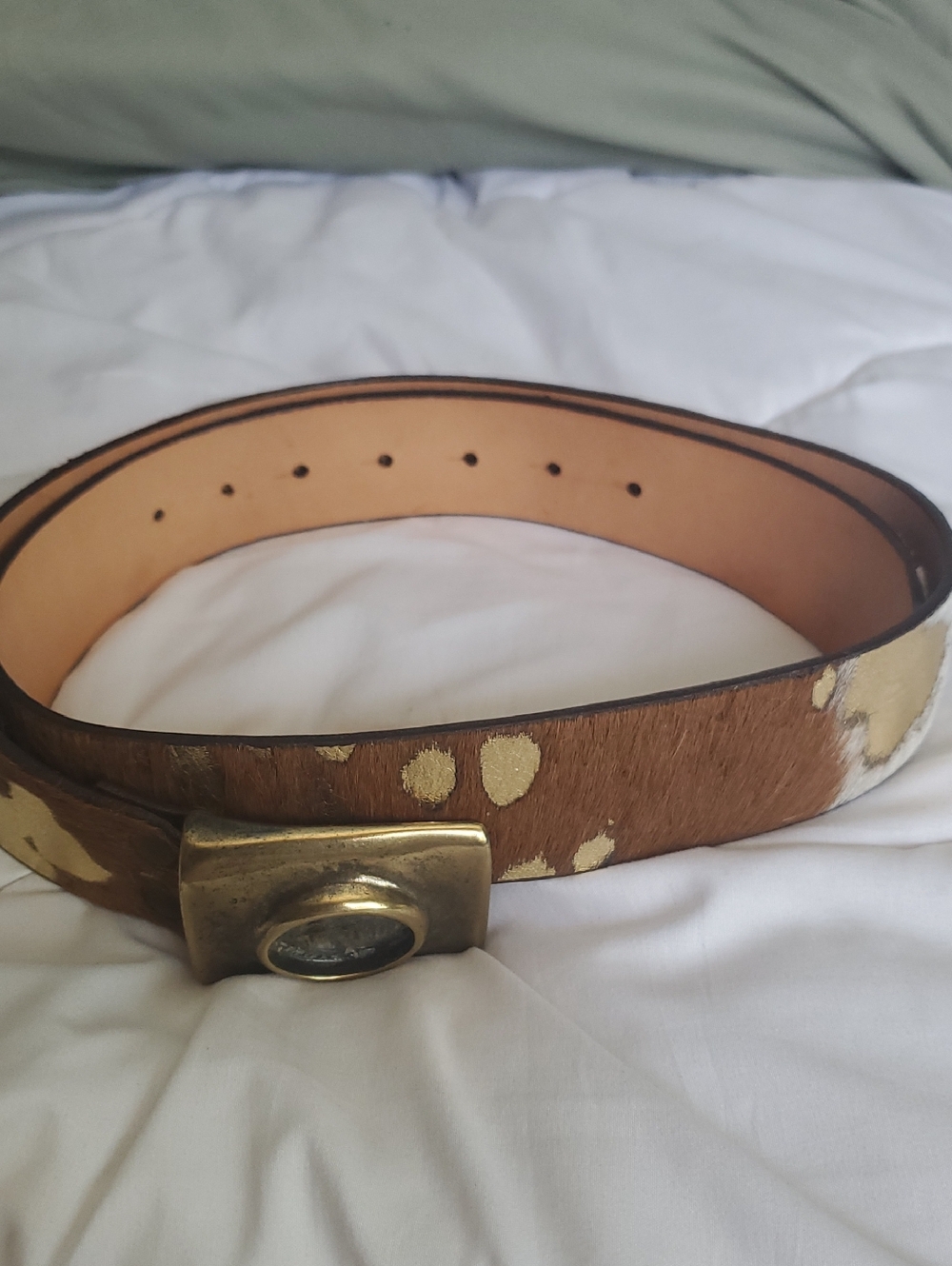 Gold Spot Haircalf Leather Belt with Brass Buckle - Women
